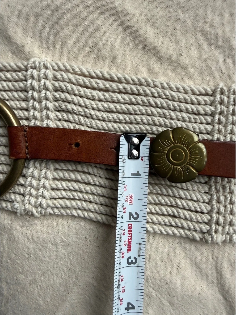 Wide Cream Rope Belt with Brass Rings and Brown Leather Strap